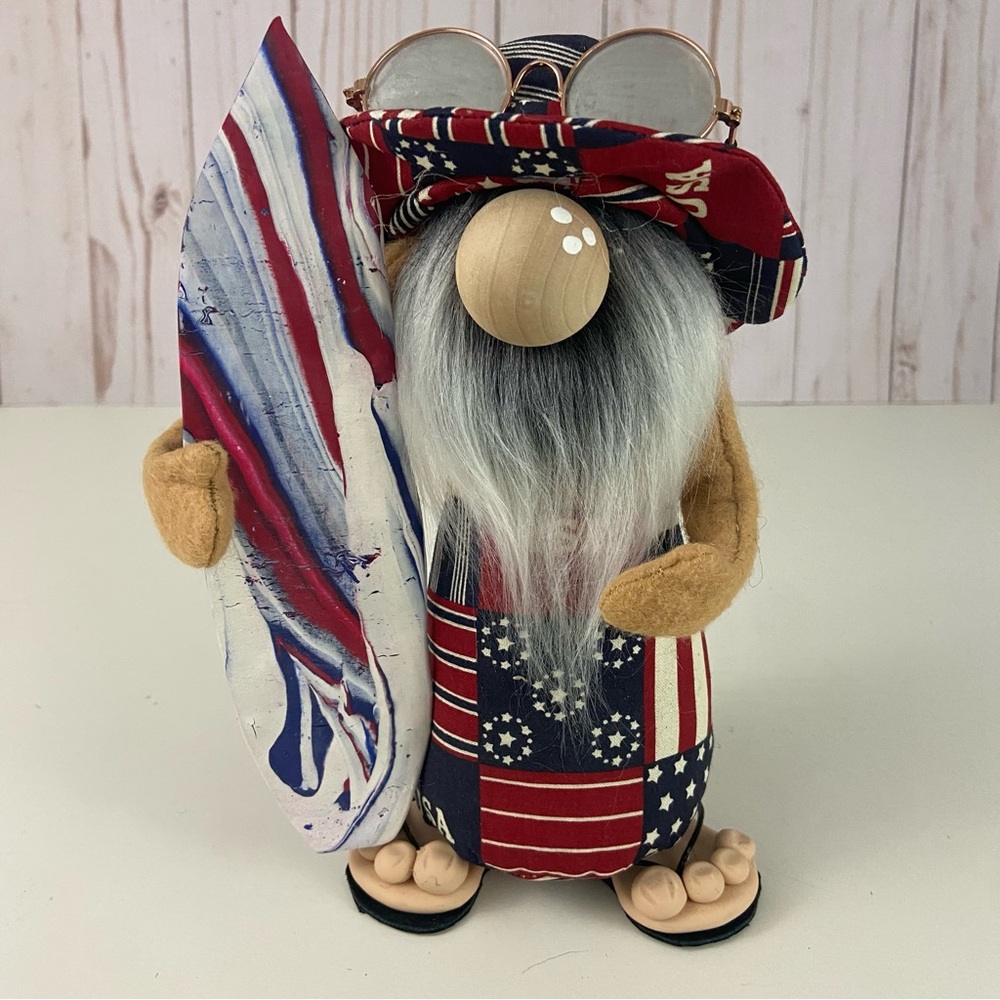 Handmade Patriotic Surfer Gnome – USA Shorts, Surfboard, Summer Beach Decor